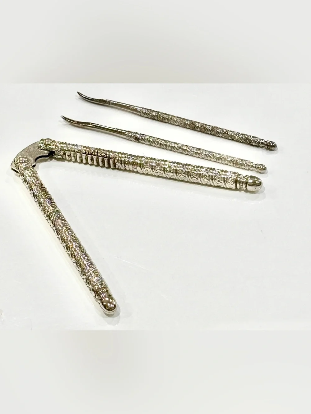 Vintage Mid-Century Silver Scroll Nutcracker and 2 Picks Quackenbush Style
